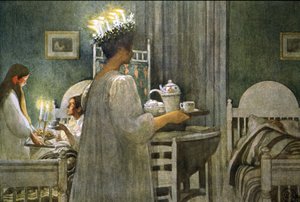 Junges Mädchen mit Kerzenkrone im Haar während des Luciafestes, Illustration 1916 von Carl Larsson