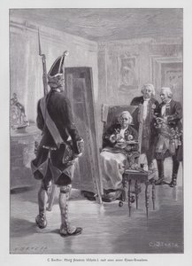 König Friedrich Wilhelm I. von Preußen malt einen Grenadier seiner Potsdamer Riesengarde (Größengarde von Potsdam) (Gravur) von Carl Ludwig Friedrich (after) Becker