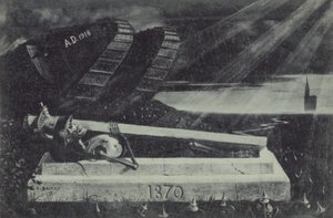 Ein siegreicher alliierter Panzer des Ersten Weltkriegs passiert das Grab eines französischen Kavalleriesoldaten aus dem Deutsch-Französischen Krieg. (Lithografie)