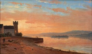 Sonnenaufgang am Rhein bei Rüdesheim mit dem Adlerturm von Carl Morgenstern