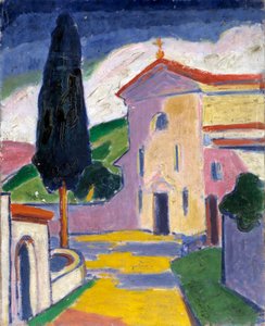 Kirche mit Zedernbaum links, vor 1932