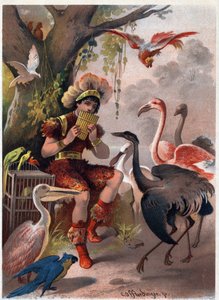 Papageno mit einer Panflöte bringt die Vögel aus dem Wald. Illustration von Carl Offterdinger in „Die Zauberflöte“. Private Sammlung