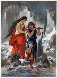Prinz Tamino und Prinzessin Pamina überquerten die Wasserströme ohne Angst und der Prinz spielte weiter die Flöte. Illustration von Carl Offterdinger (1829-1889) in „Die Zauberflöte“.