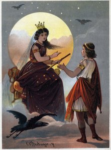 Prinz Tamino vor der bezaubernden Königin der Nacht und bietet ihr ihre Tochter zur Heirat an, wenn er es schafft, sie aus den Händen des grausamen Sarastro zu befreien. Illustration von Carl Offterdinger (1829-1889) in „Die Zauberflöte“