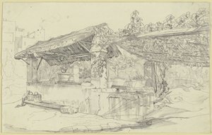 Strohgedecktes Brunnenhaus und Waschtrog neben einer Weinlaube von Carl Philipp Fohr
