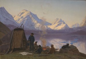 Eine grönländische Siedlung an einem Fjord. Sommer von Carl Rasmussen