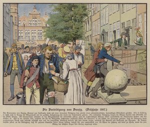 Zivilisten helfen preußischen Verwundeten während der Verteidigung von Danzig, Frühjahr 1807 von Carl Röchling