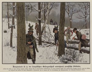Preußische Soldaten entkommen der französischen Gefangenschaft, Januar 1807 (Farblithografie)