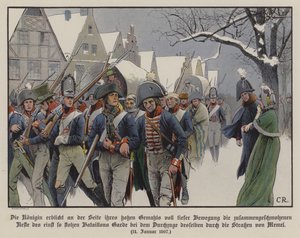 Der Rest der preußischen Armee marschiert an König Friedrich Wilhelm III. und Königin Luise durch die Straßen von Memel vorbei von Carl Röchling