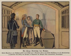 Zar Alexander I. von Russland besucht das Grab von Friedrich dem Großen in Potsdam mit König Friedrich Wilhelm III. und Königin Louise von Preußen und schwört seine unerschütterliche Freundschaft, 5. November 1805 (Farblithografie)