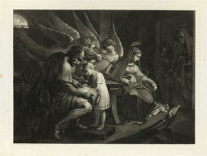 Die Heilige Familie beschäftigt zu Hause: Joseph lehrt den Jungen Jesus lesen. Maria füttert die Tauben. Elisabeth betritt den Raum mit Johannes