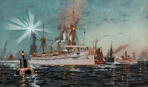Kaiserin Augusta verlässt New York, Chromolithographie von C. Saltzmann 95, Nr. 13 aus G. Wislicenus, Unsere Kriegsflotte von Carl Saltzmann