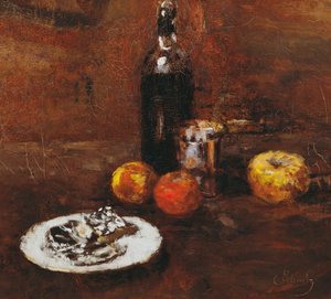 Stillleben mit drei Äpfeln und Käse in Staniol von Carl Schuch