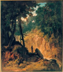 Bewaldete Landschaft mit Wasserfall, am Ufer mit Kapuzinermönch von Carl Spitzweg