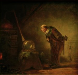 Der Alchimist mit Buch in der linken Hand von Carl Spitzweg