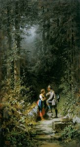 Jäger und Sennerin am Waldbrunnen von Carl Spitzweg