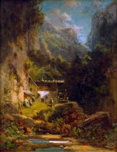 Mühle in Waldschlucht mit einer Figur