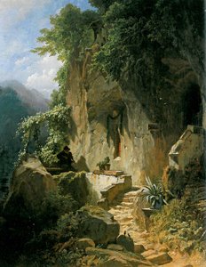 Musizierender Einsiedler vor seiner Felsenklause von Carl Spitzweg