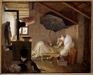 Der arme Poet. Ein alter Mann liegt in einem Dachboden. Gemälde von Carl Spitzweg (1808-1885) 1839 Berlin, Altes Museum, Deutschland