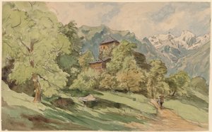 Das Schloss von Bürglen mit den Alpen im Hintergrund
