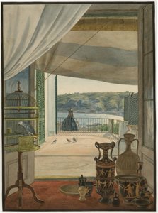 Antiquitäten an einem Balkon mit Blick auf den Golf von Neapel