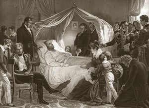 Napoleon auf seinem Sterbebett, 5. Mai 1821, publ. Gravur