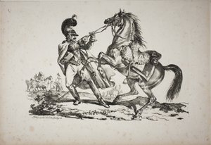 Kürassier zu Fuß, der sein steigendes Pferd zurückhält von Carle Vernet