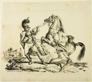 Kürassier zu Fuß, der sein steigendes Pferd zurückhält von Carle Vernet