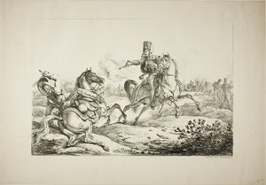 Husar, der seine Pistole auf einen deutschen Dragoner abfeuert von Carle Vernet