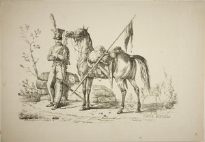 Lanzenträger zu Fuß neben seinem Pferd von Carle Vernet