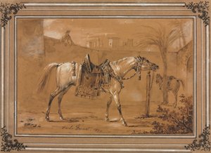 Gesatteltes arabisches Pferd im Hof, 1820