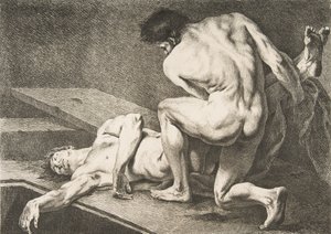Eine Akademie: Ein Mann hebt die Beine eines anderen Mannes, 1742-43