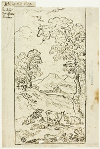 Hügelige Landschaft mit Kühen und Hirten im Vordergrund