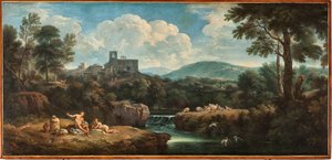 Landschaft mit Fluss, Arbeitern in antiker Kleidung und einem Dorf