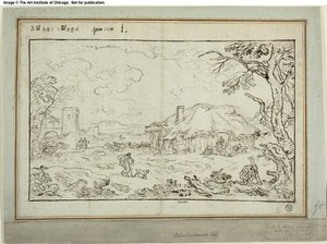 Ländliche Kreuzung mit Bauerngebäuden im Vordergrund von Carlo Antonio Tavella