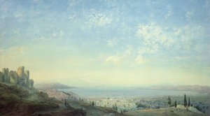 Smyrna von der Zitadelle auf dem Berg Pagus, die Cesme-Halbinsel und die Gärten von Bornora mit der Küste von Phocaea, 1839 von Carlo Bossoli