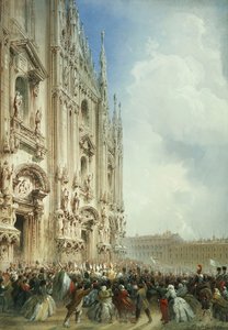 Der Krieg in Italien: Die Ankunft von Kaiser Napoleon III. und dem König von Sardinien am Dom, Mailand, 1859
