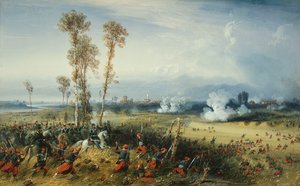 Der Krieg in Italien: Die Schlacht von Palestro, der König von Sardinien führt die Truppen, 1859
