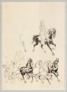 Vorbereitende Studie für Kutsche und Pferde (Tusche und Bleistiftzeichnung auf Papier) von Carlo Casaltoli