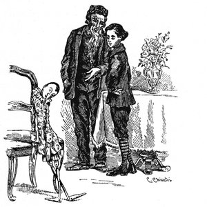 Illustration von Pinocchio von Carlo Chiostri, Pinocchio wird ein echter Junge und betrachtet mit Geppetto die Holzpuppe von Carlo Chiostri