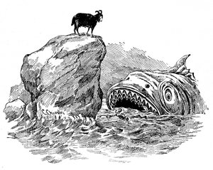 Illustration von Pinocchio von Carlo Chiostri (1863-1939), einer der ersten italienischen Illustratoren von Collodis Werk. Die Holzpuppe wird von einem schrecklichen Hai verschluckt, trotz der Hilfe der blauen Fee, die das Aussehen einer Ziege auf einem Fe