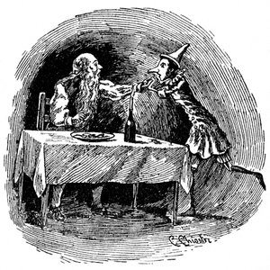 Illustration von Pinocchio von Carlo Chiostri (1863-1939), einem der ersten italienischen Illustratoren von Collodis Werk. Die Holzpuppe findet seinen Vater Gepetto im Bauch des Hais, der sie verschluckt hat.