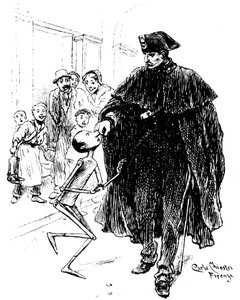 Pinocchio von Carlo Chiostri (1863-1939), einer der ersten italienischen Illustratoren des Werks von Collodi (Carlo Lorenzini). Ein Polizist packt die Holzpuppe an der Nase, zur großen Freude des Schatzes. Diese Originalzeichnung von Chiostri ist zu sehen von Carlo Chiostri