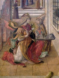 Die Verkündigung mit St. Emidius, Detail des Erzengels Gabriel mit dem Heiligen, 1486 (Detail) von Carlo Crivelli