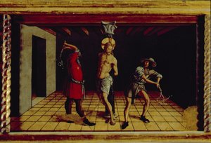 Die Geißelung Christi, zentrale rechte Predella-Tafel aus dem San Silvestro Polyptychon, 1468 von Carlo Crivelli