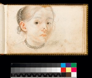 Kopf und Schultern eines jungen Mädchens, ihr Haar um den Hinterkopf geflochten, trägt eine Halskette, 1667-1670