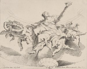 Macht, dargestellt durch eine Frau, die auf Wolken sitzt und eine Krone hält, umgeben von Putti