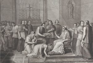 Eine Frau kniet, um den Fuß von Papst Pius VII. zu küssen, mit einer Menge hinter ihr links, 1814-50