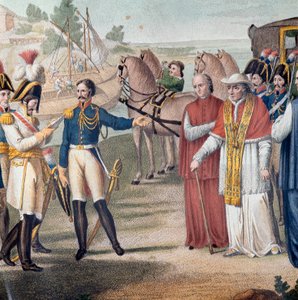 Papst Pius VII. wurde bei seiner Rückkehr nach Italien von der austro-neapolitanischen Armee in der Nähe von Parma am 25. März 1814 verhaftet. Gravur von Carlo Lasinio - Farblithographie