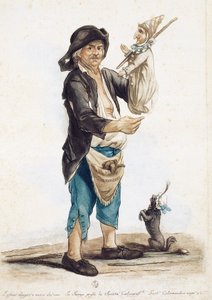 Puppenspieler Pierannizzi, Zeichnung und kolorierte Gravur von Carlo Lasinio (1759-1838), Italien